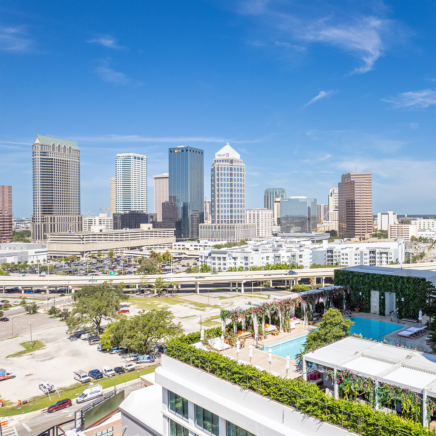 A view of the downtown Tampa skyline on a sunny day
